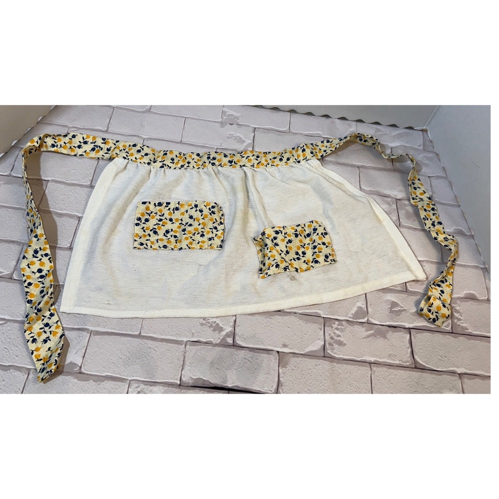 Vintage Handmade Kids Half Apron White‎ Waffle Weave Yellow Blue Floral Pockets